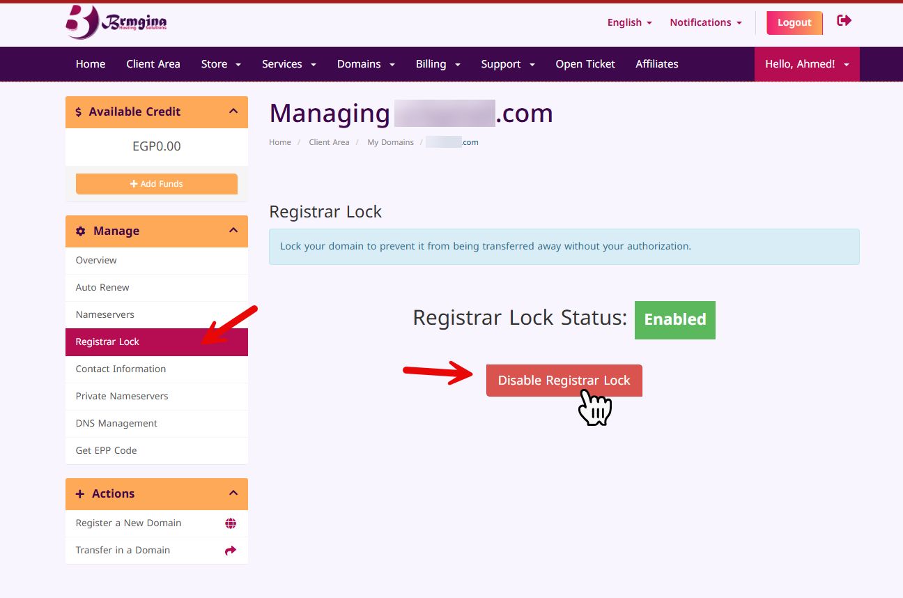 Unlock Domain for Transfer