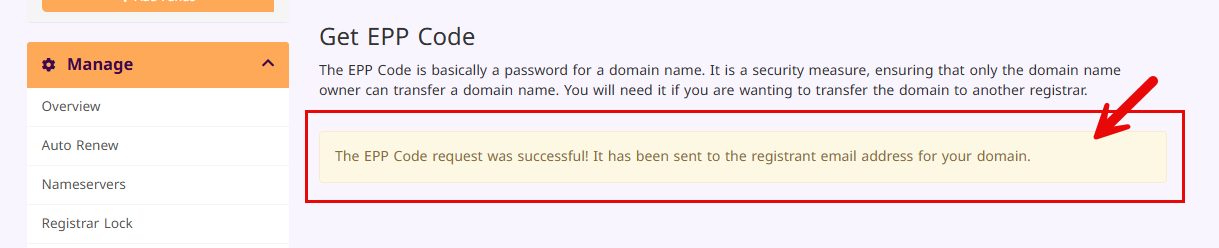 EPP/Auth Code will be sent to your email