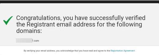 Congratulations page which will confirm that you have successfully verified the Registrant email address for your domain